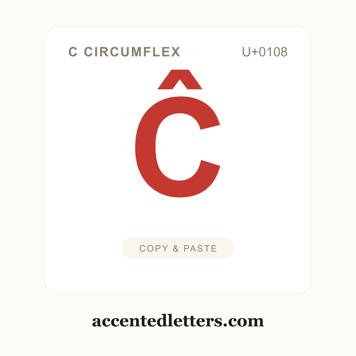 Ĉ C circumflex (U+0108) — copy and paste (accentedletters.com)