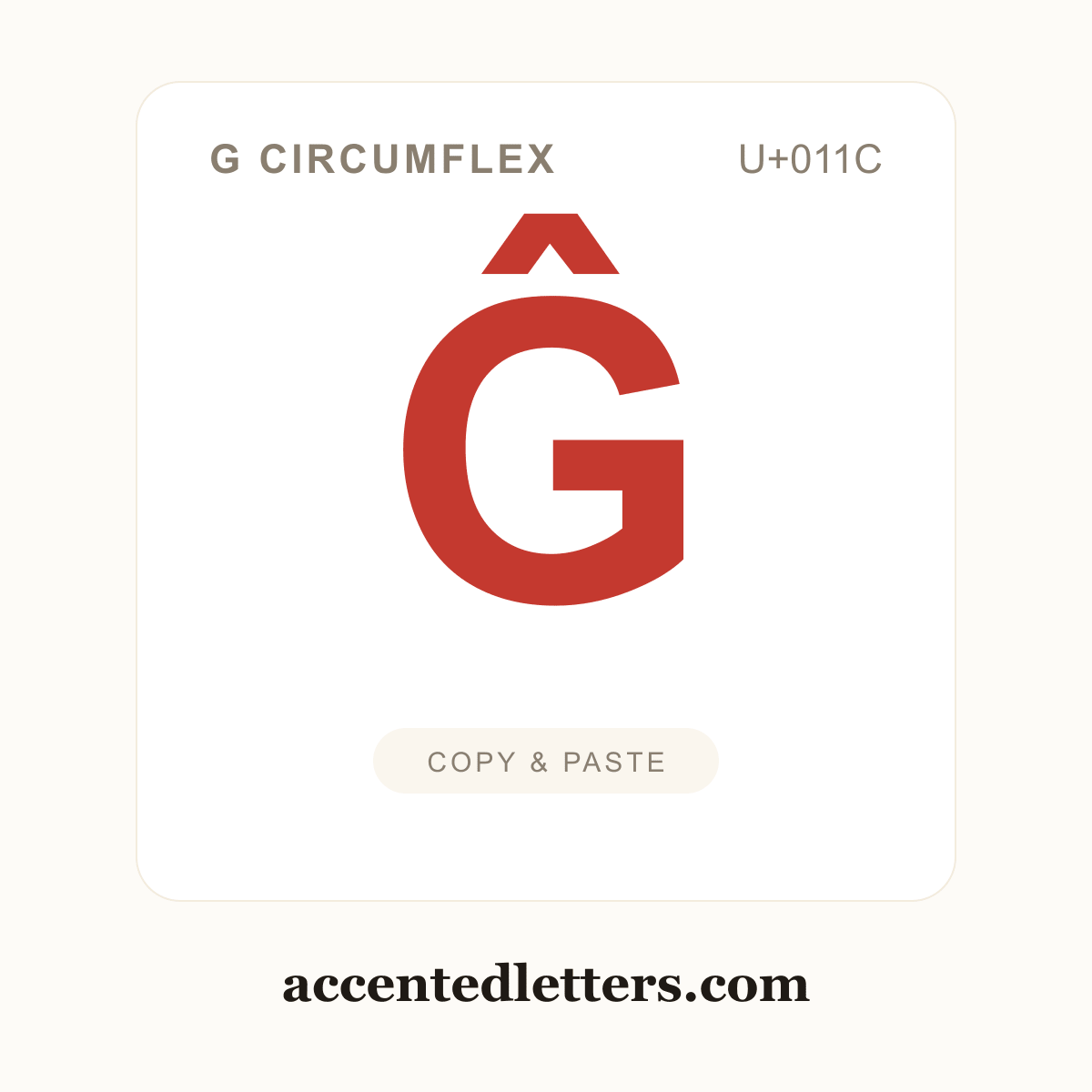 Ĝ G circumflex (U+011C) — copy and paste (accentedletters.com)