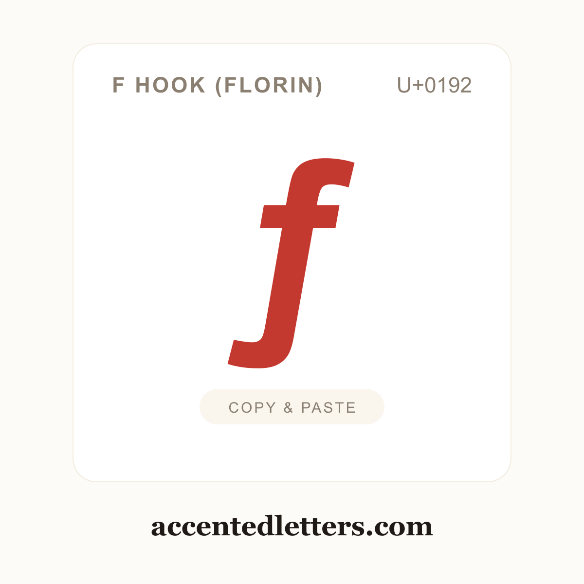 ƒ f hook (florin) (U+0192) — copy and paste (accentedletters.com)