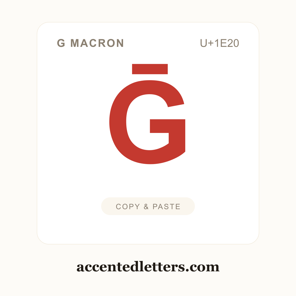 Ḡ G macron (U+1E20) — copy and paste (accentedletters.com)